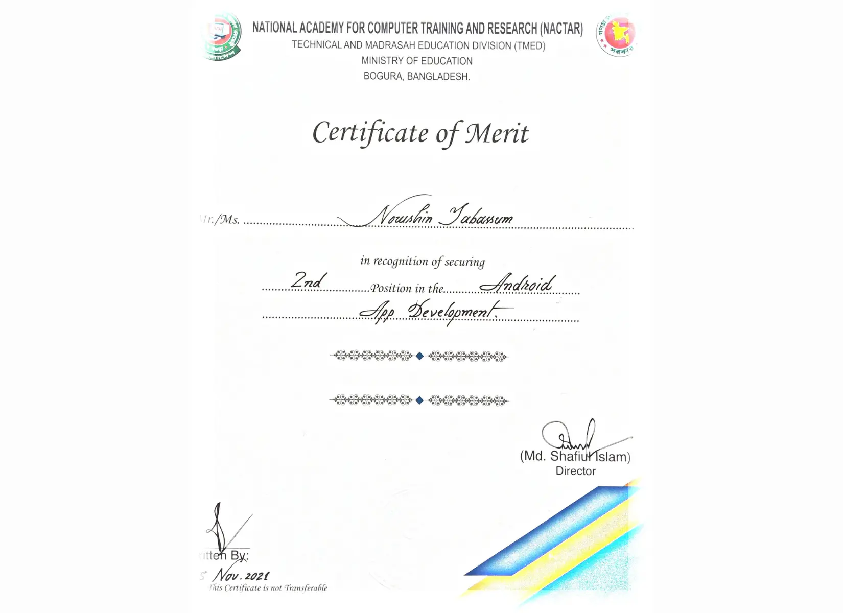 Second merit certificate in Android app development