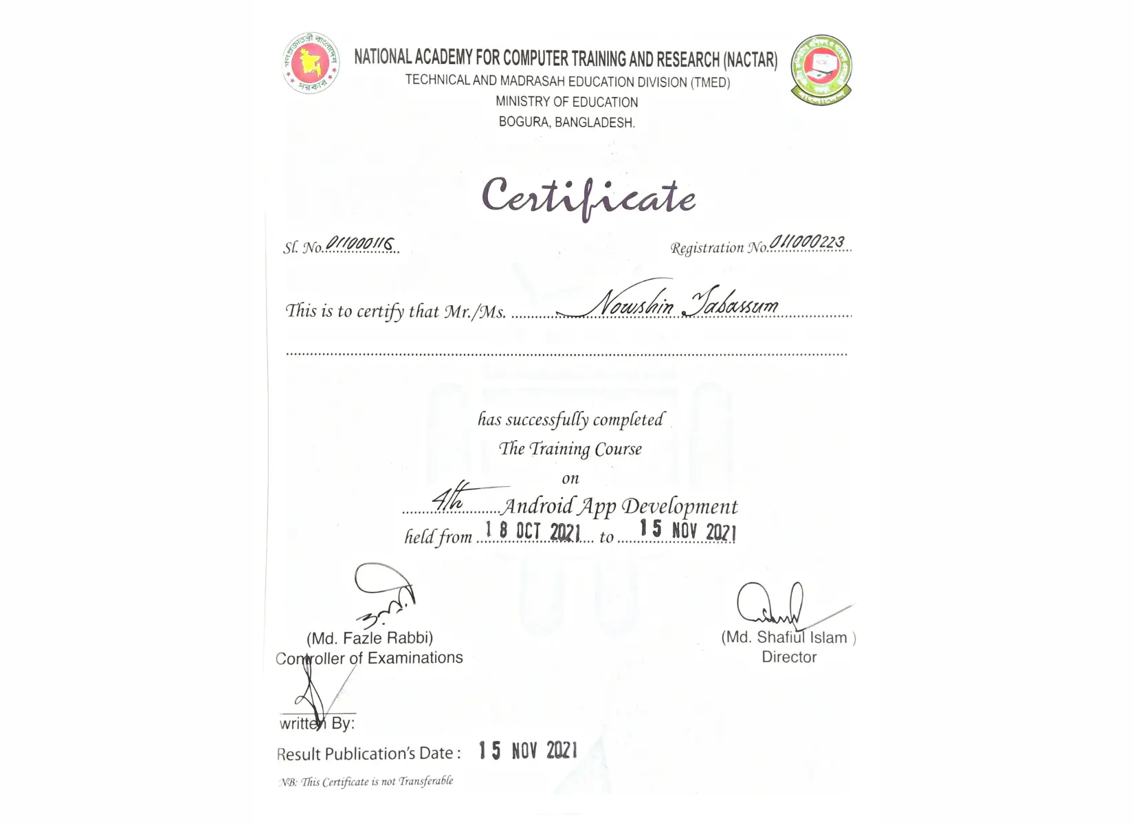 Android app development completion certificate