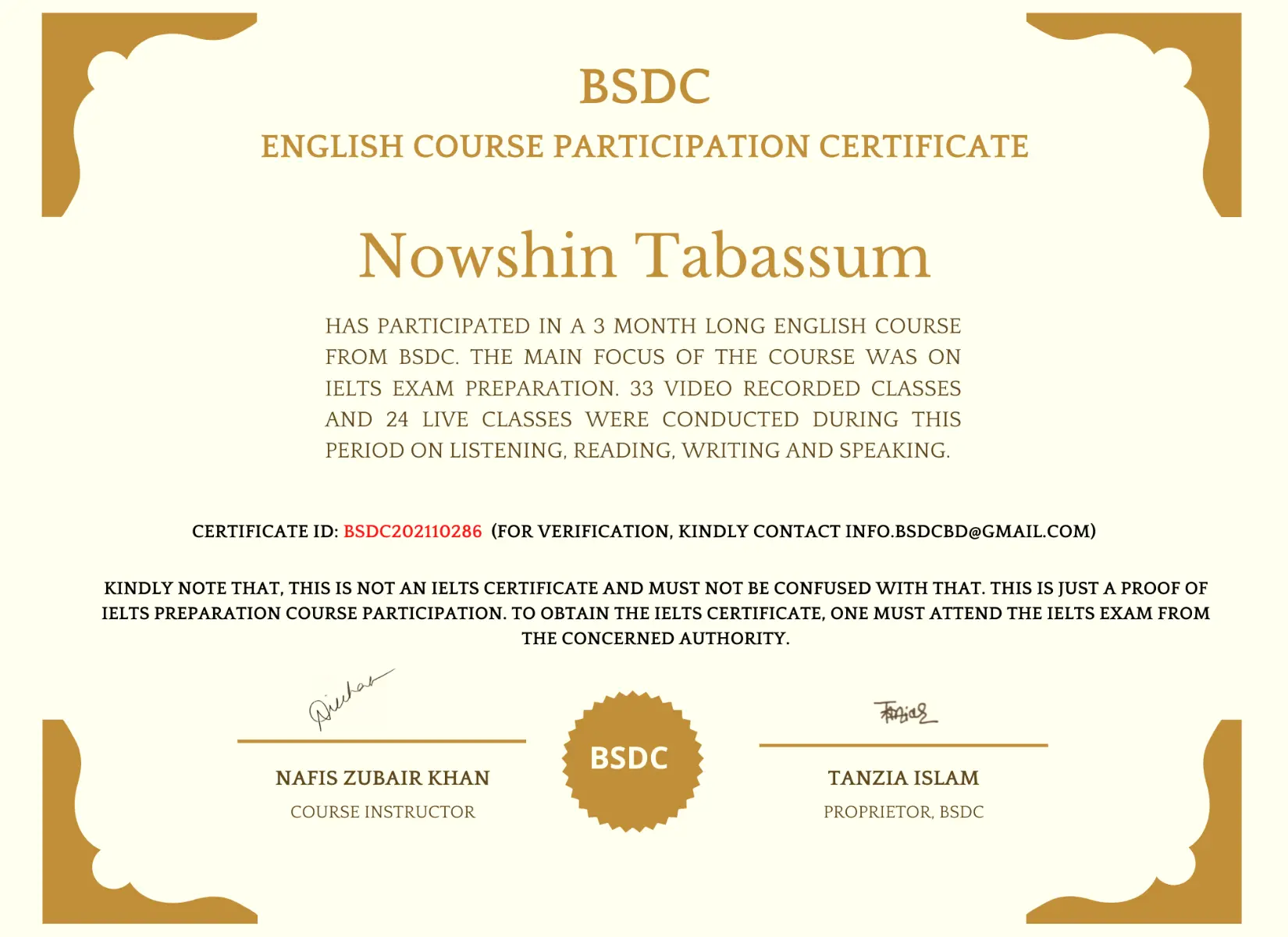 IELTS certificate issued by BSDC