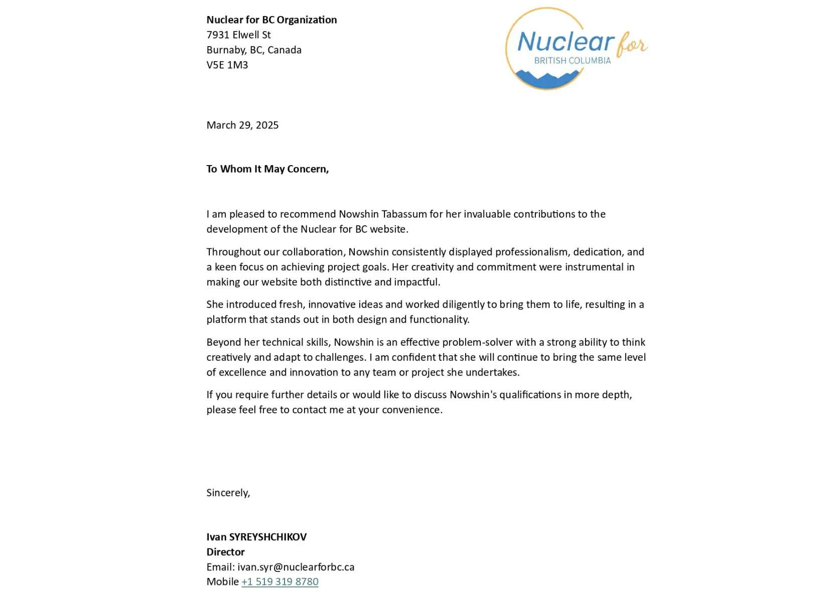 Recommendation letter for a full stack developer