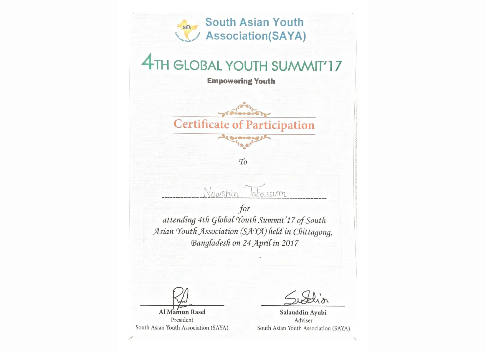 Youth summit participation certificate